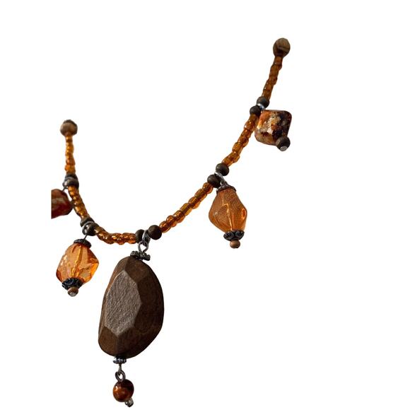 Necklace Orange Acrylic and Brown Wooden Beads Adjustable 21" Boho Chic - Picture 3 of 5